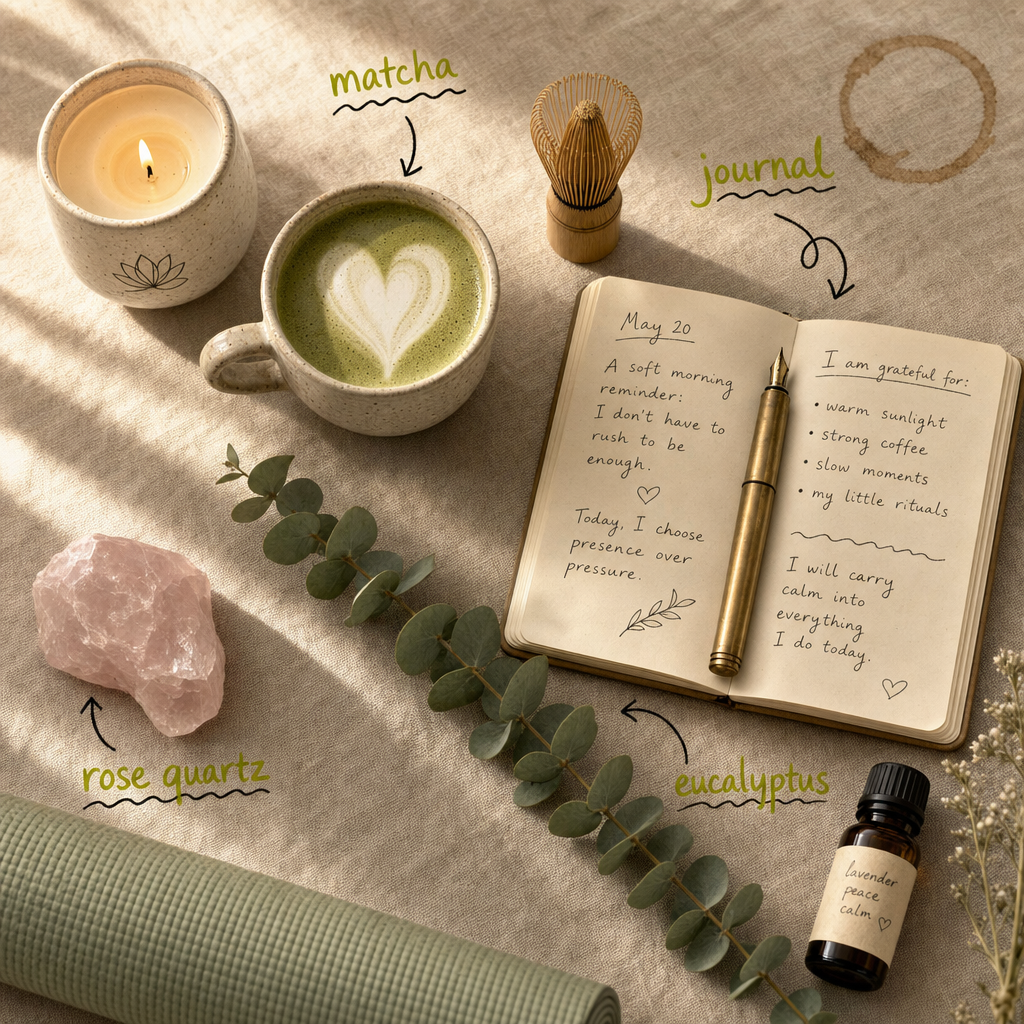 AI-generated cozy morning wellness flat lay: matcha latte, handwritten journal, eucalyptus sprig, rose quartz crystal, yoga candle and essential oil on natural linen with hand-drawn chartreuse-green marker labels for lifestyle social content