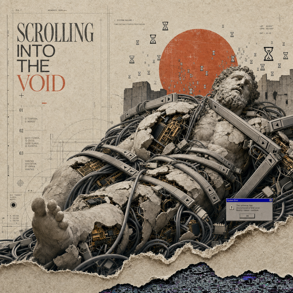 Museum-grade digital pop-surrealist collage - The Infinite Scroll (无限下拉的虚无)