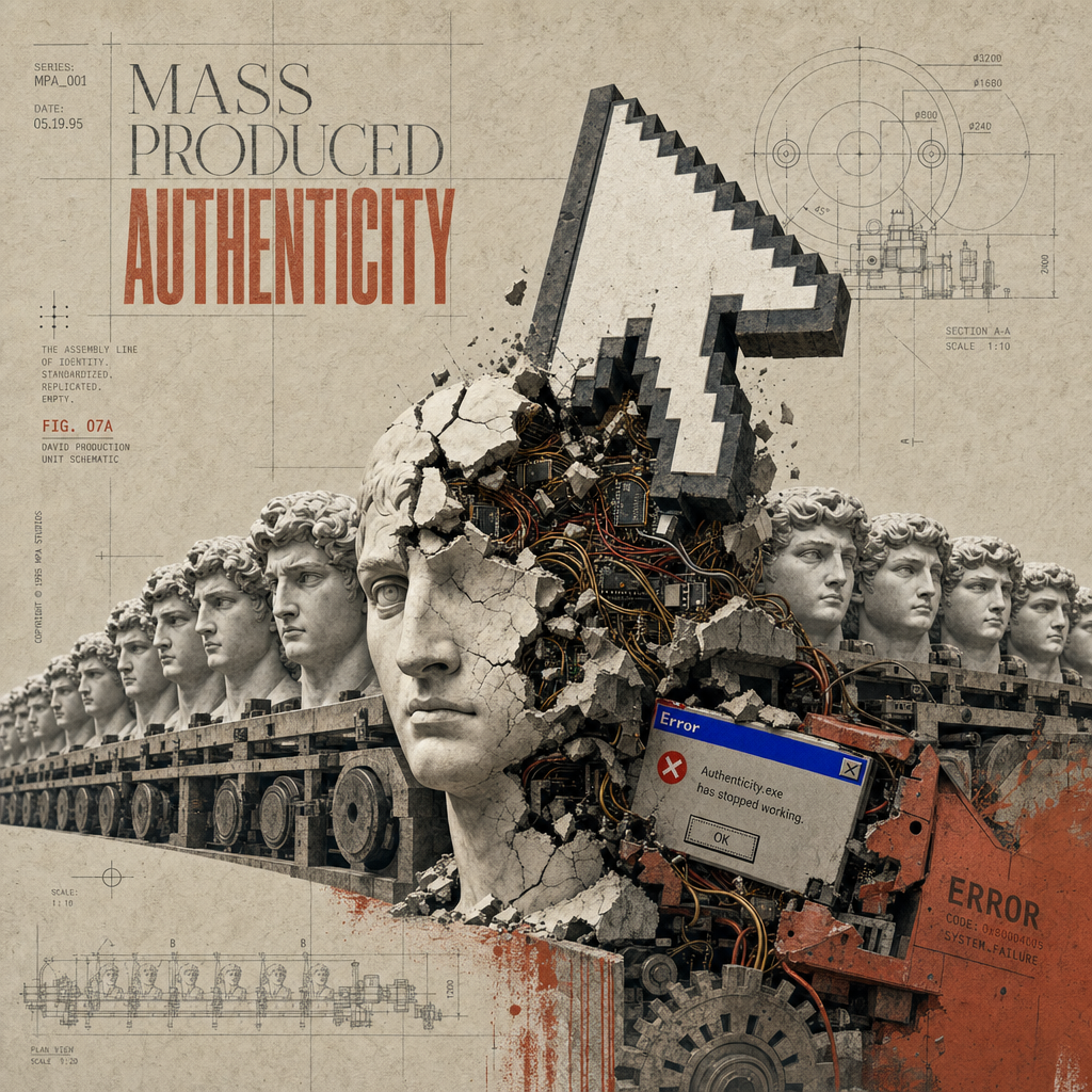Museum-grade digital pop-surrealist collage - The Content Factory (流水线上的大卫)