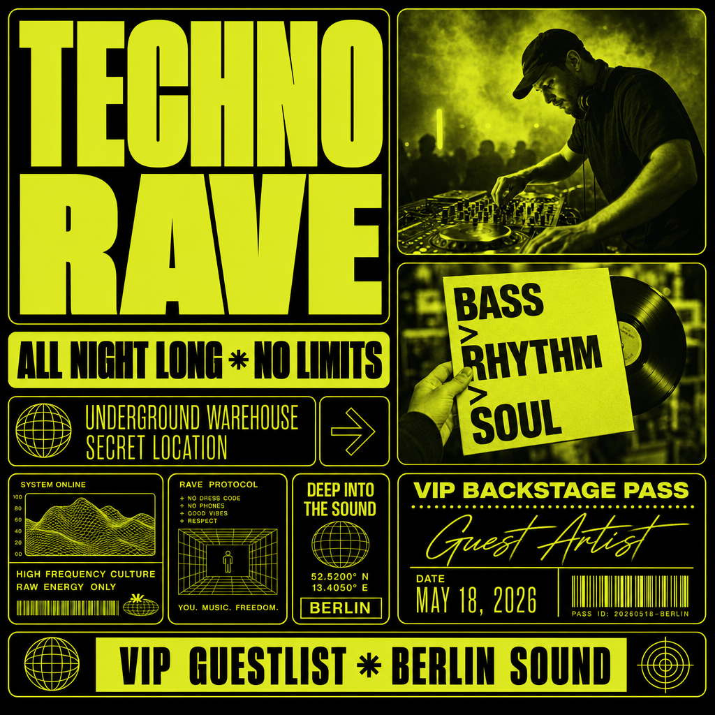 Duotone bento-box brutalist UI poster - Underground Techno Rave (地下电子音乐节)