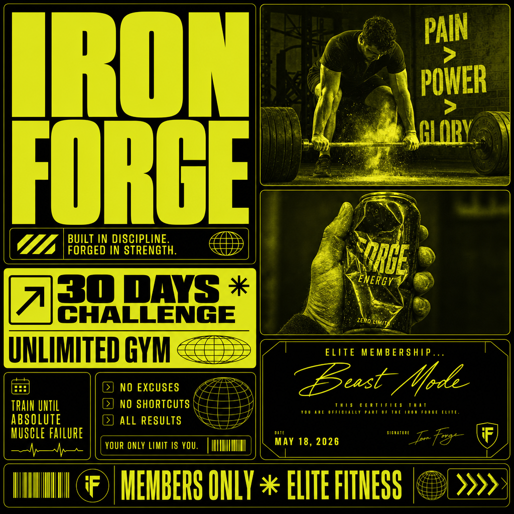 Duotone bento-box brutalist UI poster - Hardcore Fitness Gym (硬核健身馆)