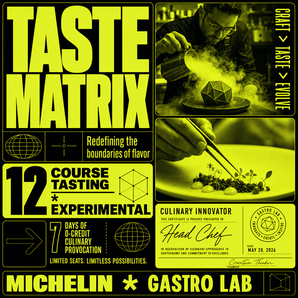 Duotone bento-box brutalist UI poster - Experimental Culinary Lab (分子料理实验室)