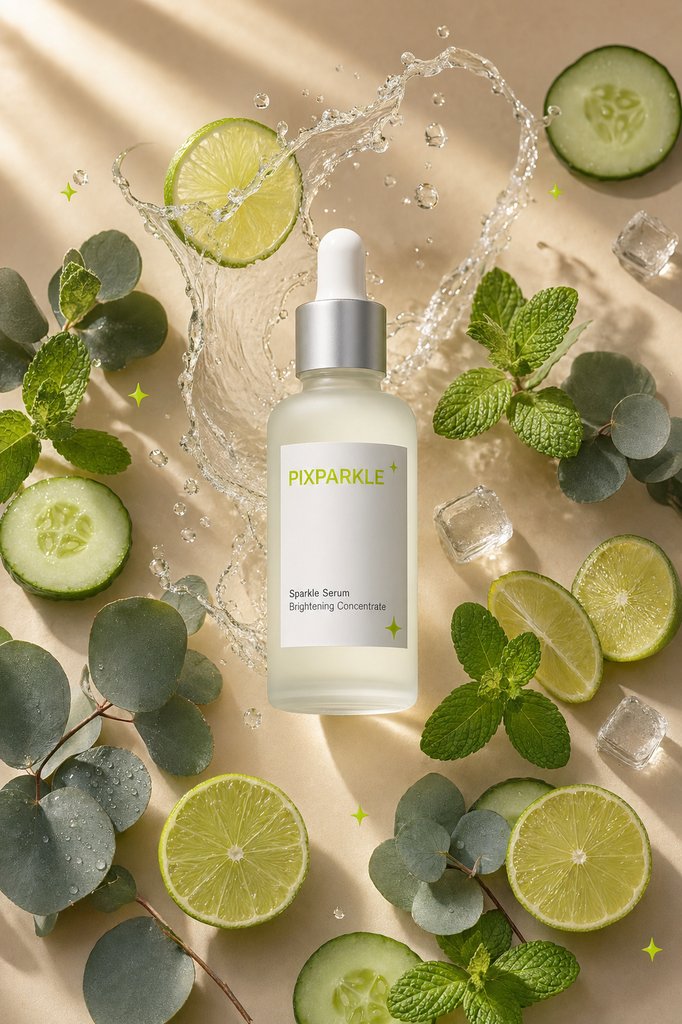 AI-generated PIXPARKLE Sparkle Serum top-down flat lay on warm beige background with limes, mint, cucumber and eucalyptus props for Amazon and DTC product listings