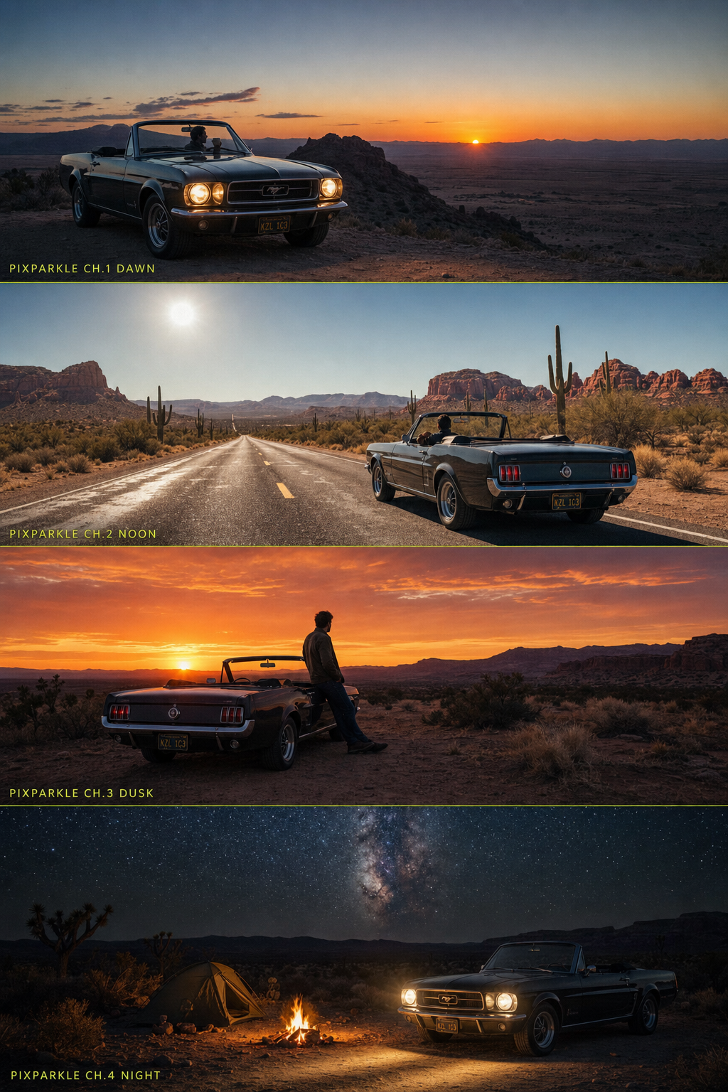 AI-generated cinematic 4-panel desert road trip story collage: vintage convertible car across four times of day (Dawn, Noon, Dusk, Night) on a desert journey, stacked vertically with thin chartreuse-green hairline dividers and PIXPARKLE chapter labels