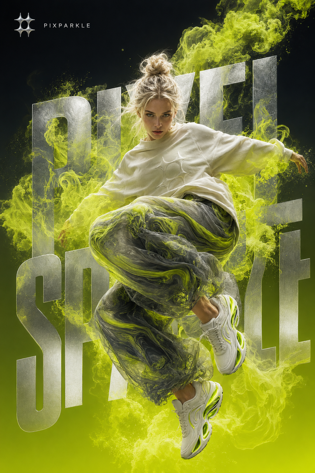 AI-generated athletic hero poster: female athlete mid-jump with lime-green chartreuse energy smoke and PIXEL SPARKLE metallic silver typography for high-CTR creator thumbnails