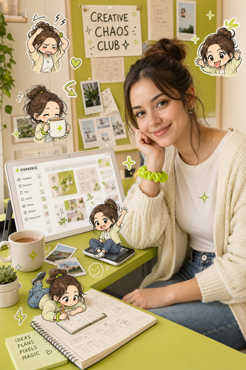 AI-generated creator desk portrait with hand-drawn chibi mini-character overlays in cream and lime-green palette and a CREATIVE CHAOS CLUB pinboard for shareable social posts