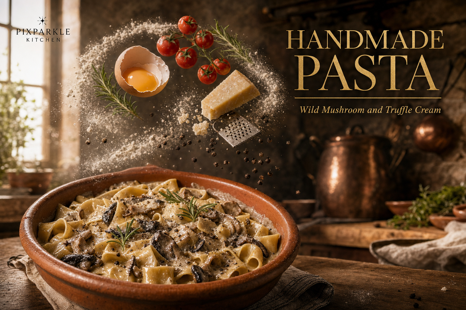 AI-generated editorial food ad: artisan handmade pappardelle pasta with wild mushroom truffle cream in terracotta bowl, floating fresh ingredients in elliptical halo, HANDMADE PASTA gold serif label and PIXPARKLE KITCHEN wordmark on rustic farmhouse kitchen background