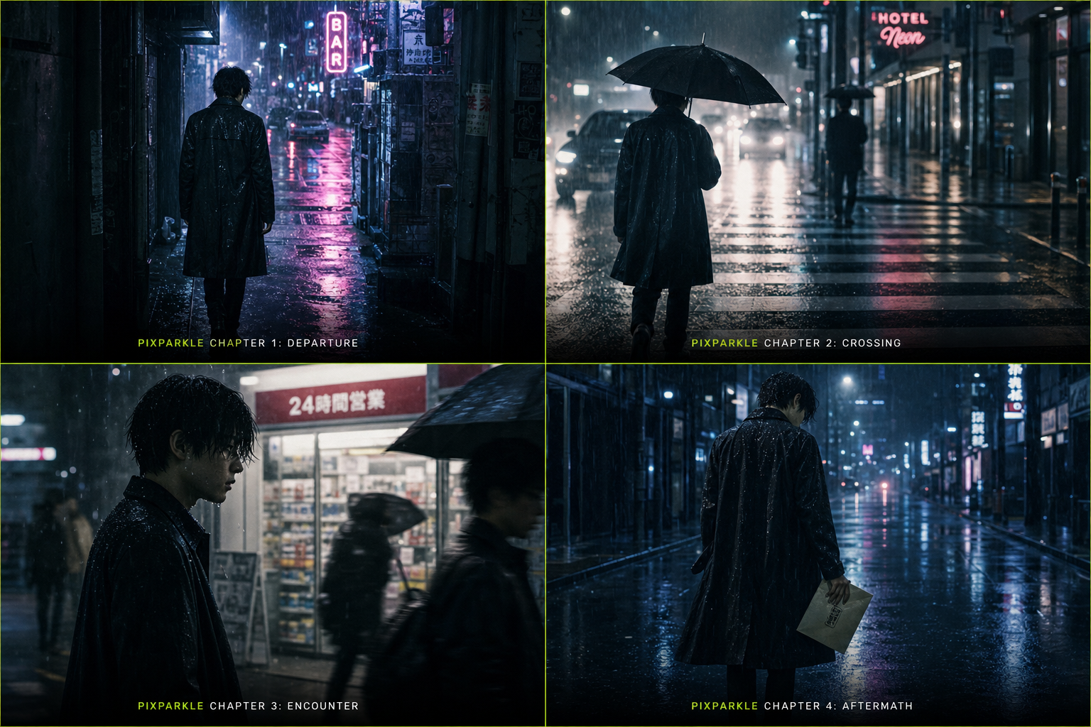 AI-generated cinematic 4-panel urban noir story collage: solitary figure walking through neon-lit rainy city streets across four sequential frames (Departure, Crossing, Encounter, Aftermath) with thin chartreuse-green hairline dividers and PIXPARKLE chapter labels for storytelling video thumbnails
