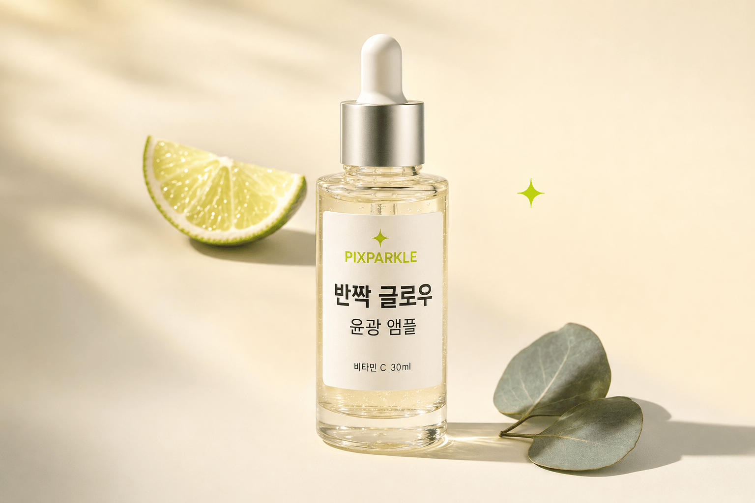 PIXPARKLE Korean Hangul product label rendering: 반짝 글로우 윤광 앰플 on a slim K-beauty ampoule bottle in a lime-green chartreuse editorial product shot