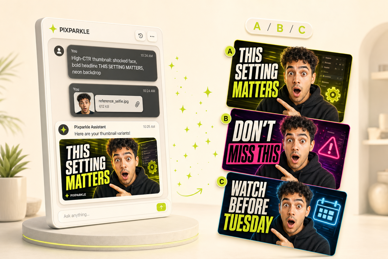 Pixparkle chat panel illustration fanning one prompt into three high-CTR YouTube thumbnail variants in lime-green chartreuse for content creator workflows