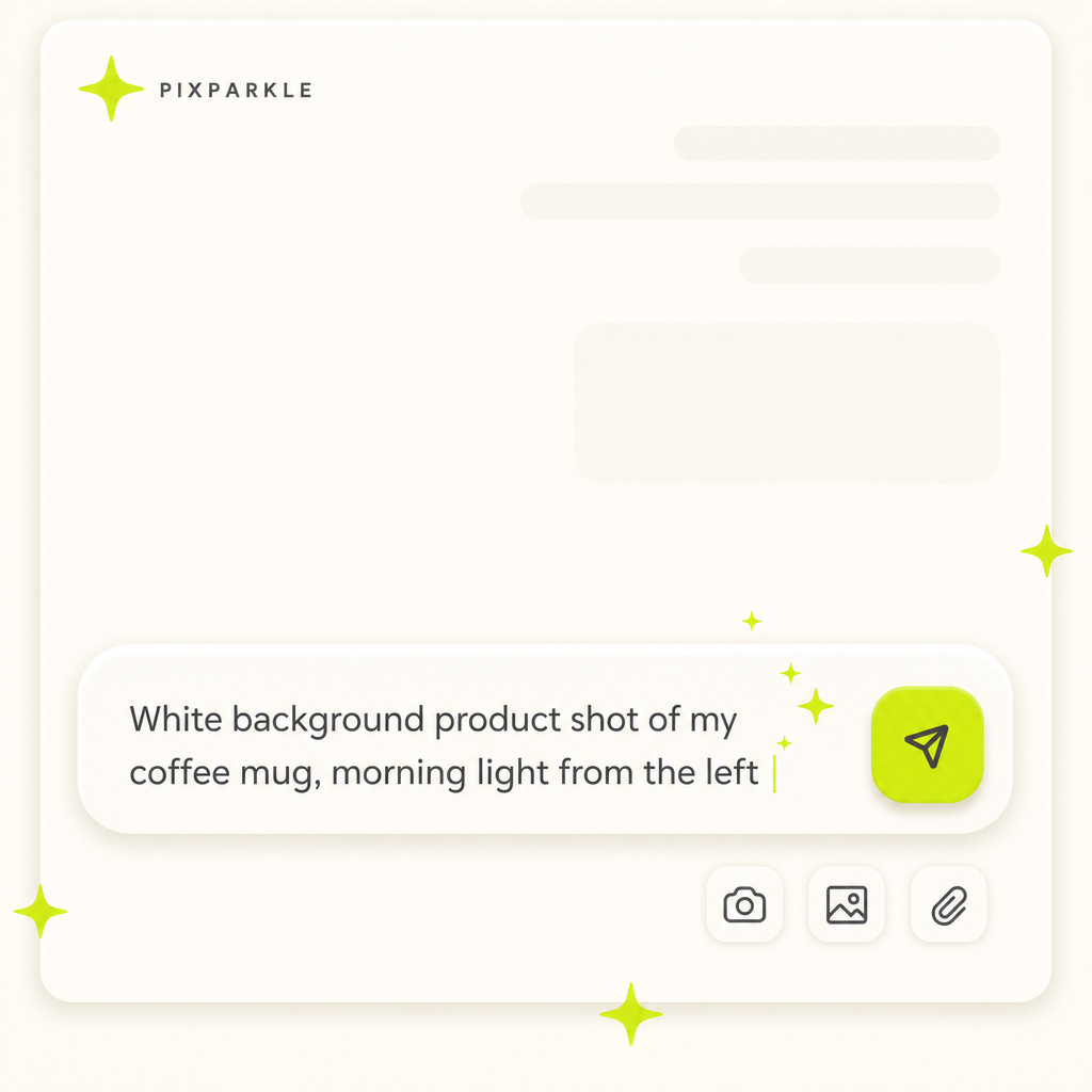Pixparkle chat input UI illustration with a typed prompt and lime-green chartreuse send button