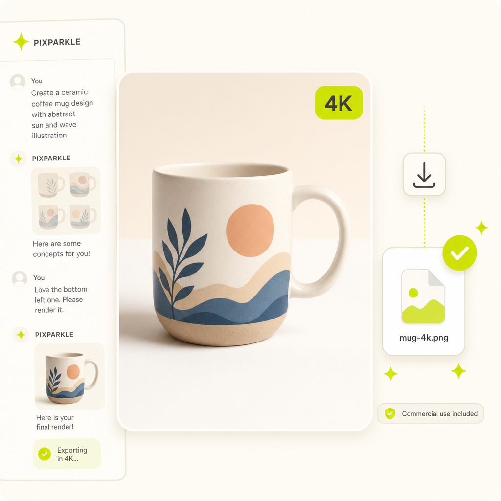 Pixparkle export illustration with a polished product image, lime-green chartreuse 4K badge and download icon