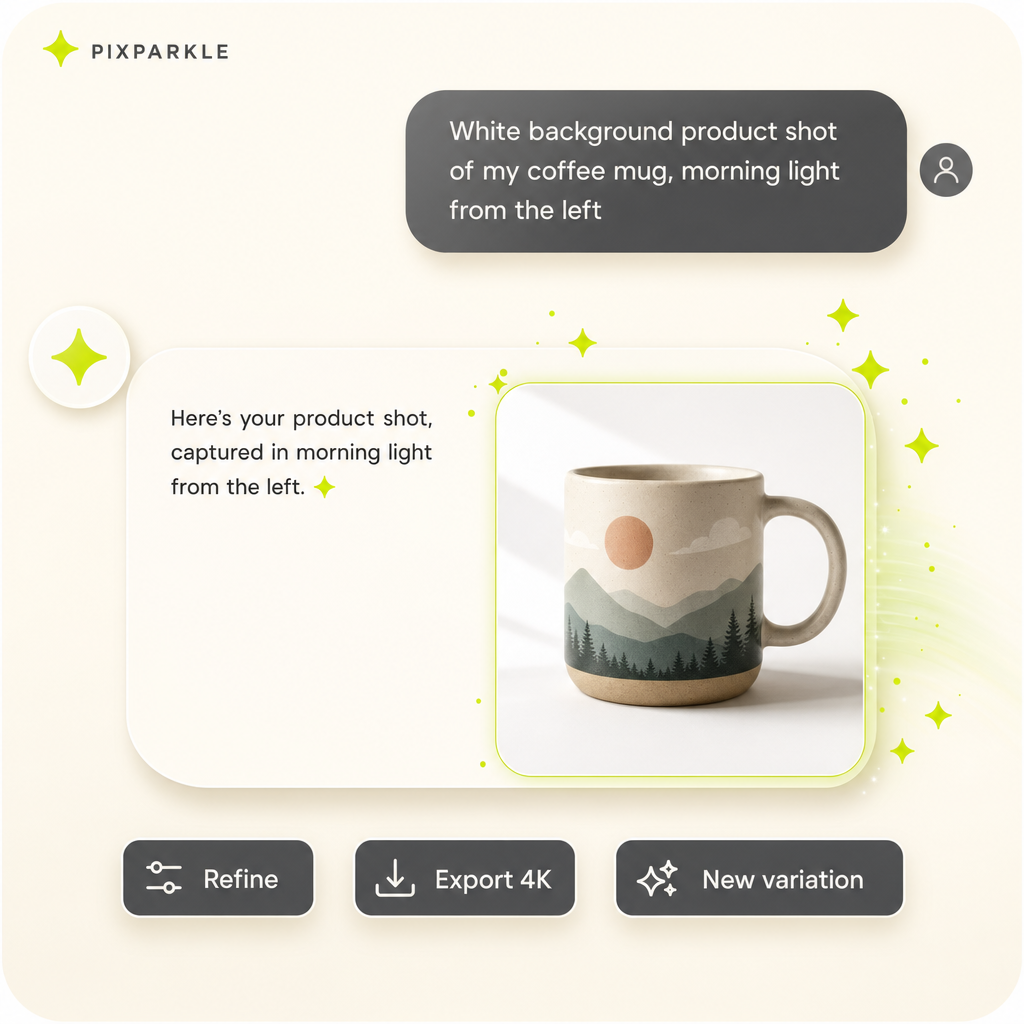 Pixparkle chat assistant bubble illustration with a freshly generated product photo and lime-green chartreuse sparkles