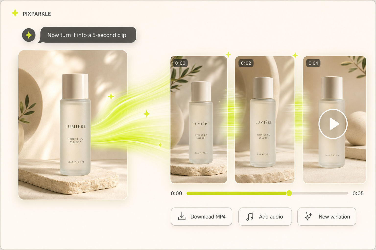 Pixparkle image-to-video illustration with a static product photo morphing into a vertical video filmstrip in one chat session
