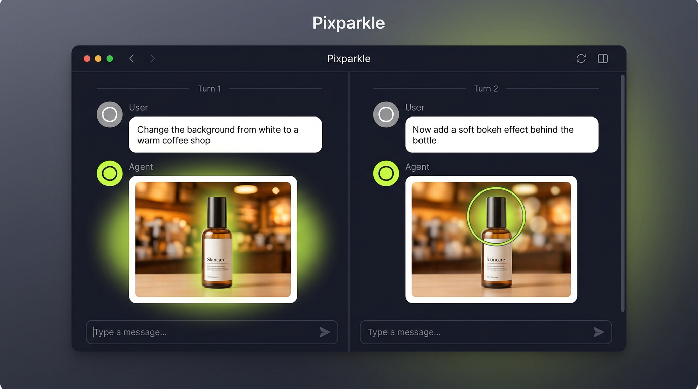 Pixparkle chat interface showing multi-turn image editing with only the specified detail changing while everything else stays consistent