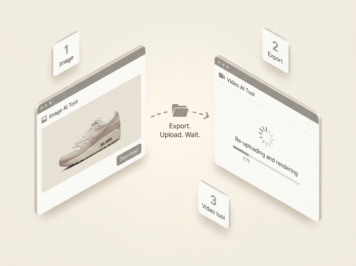 Traditional fragmented workflow: sneaker hero exported from image tool then re-uploaded to a video tool