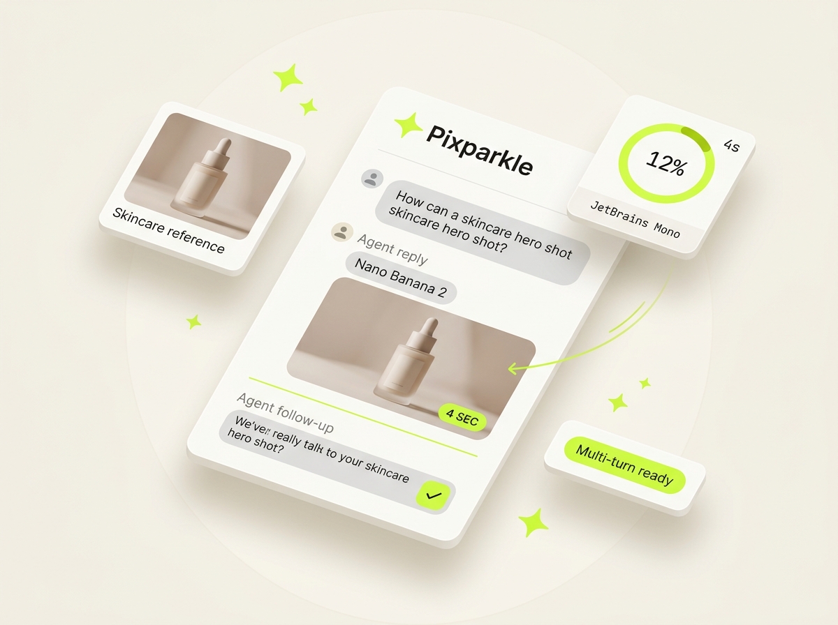 Pixparkle chat delivering a Nano Banana 2 skincare serum hero shot in 4 seconds with Agent follow-up