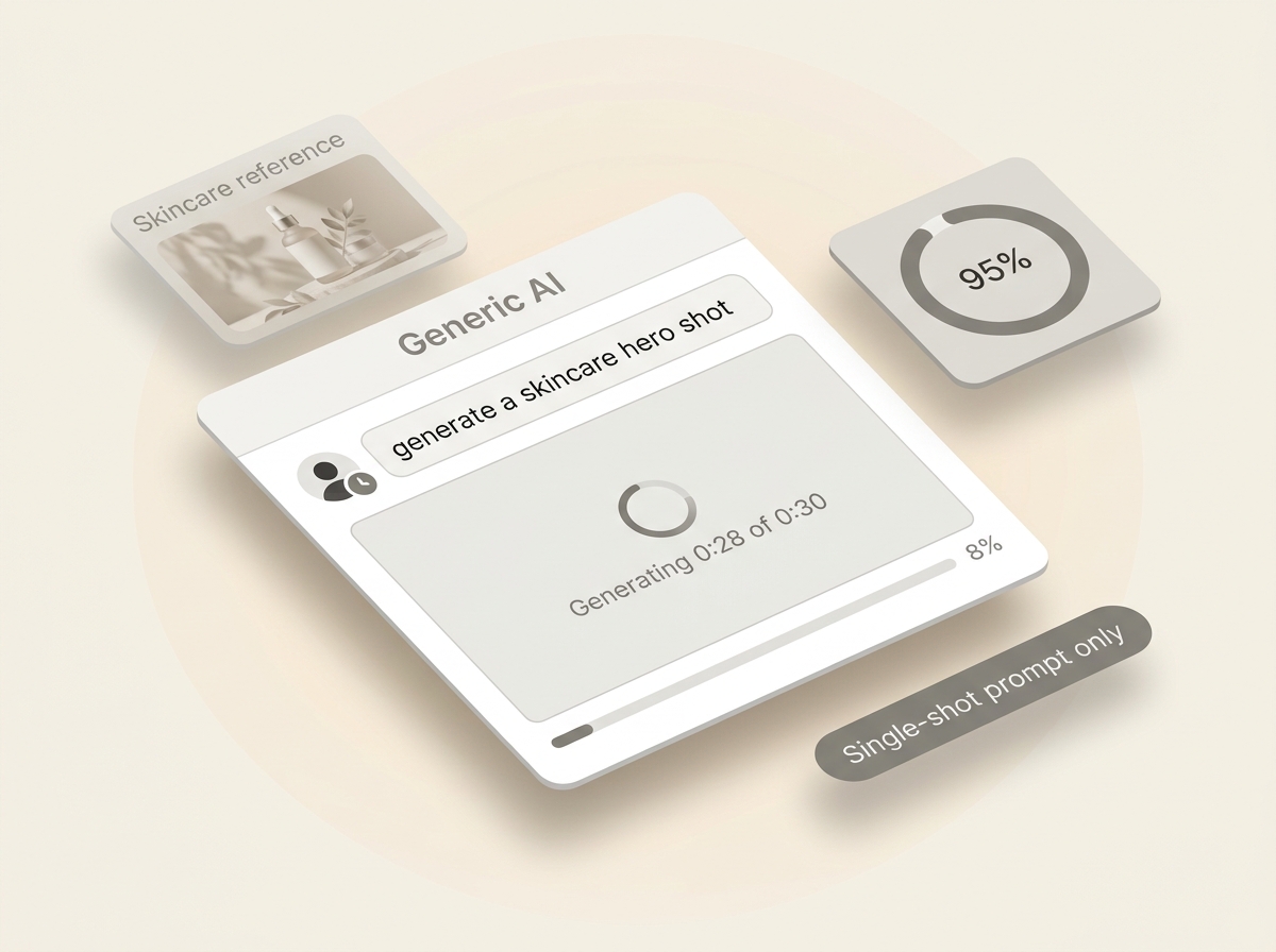 Traditional AI platform with 30-second spinner blocking a skincare hero shot generation