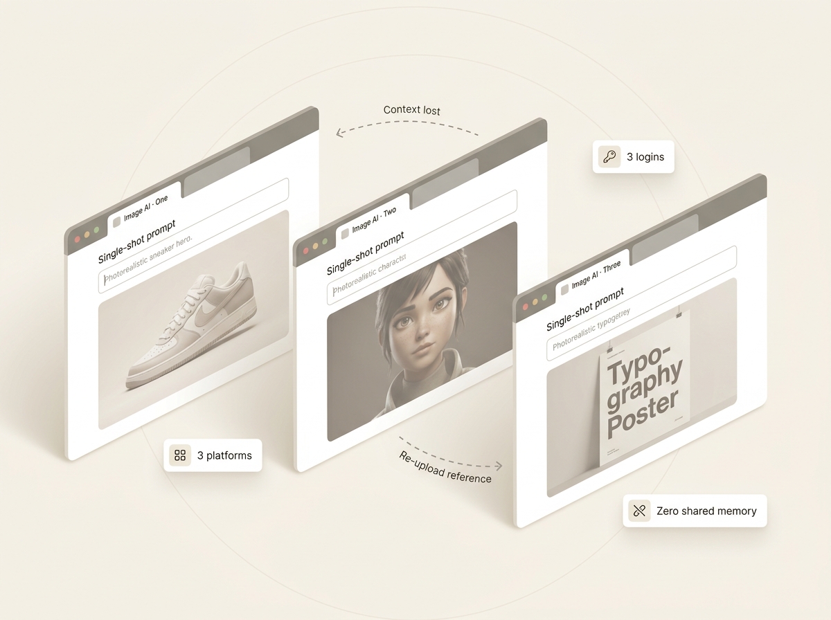 Three separate browser windows running three single-model AI platforms with lost conversation context