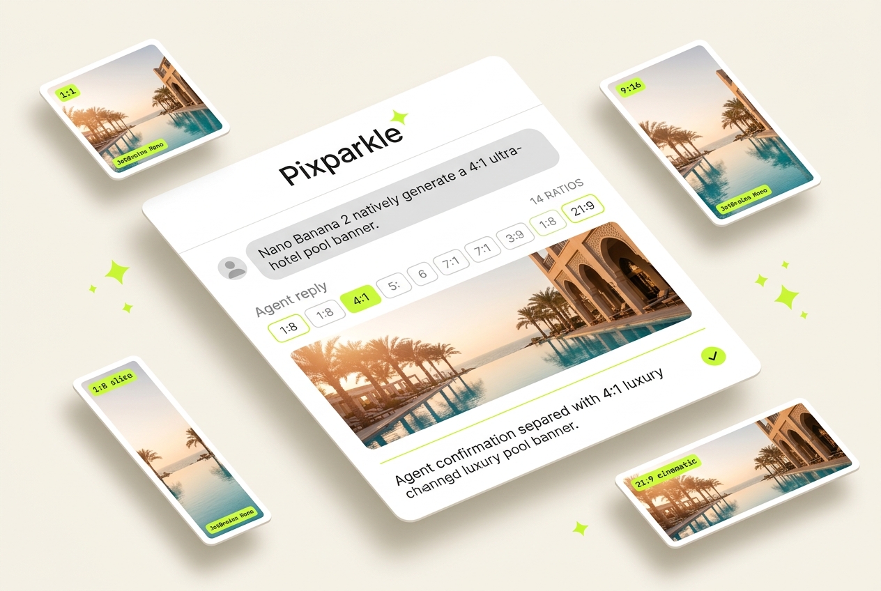 Pixparkle chat with Nano Banana 2 14-ratio selector and a 4:1 ultra-wide banner result