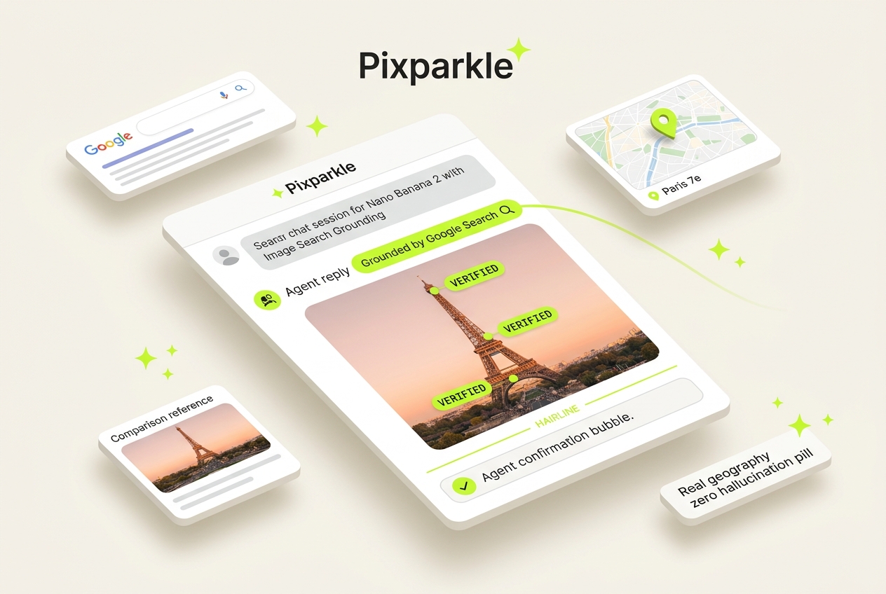 Pixparkle chat with Nano Banana 2 Image Search Grounding rendering an accurate Eiffel Tower banner