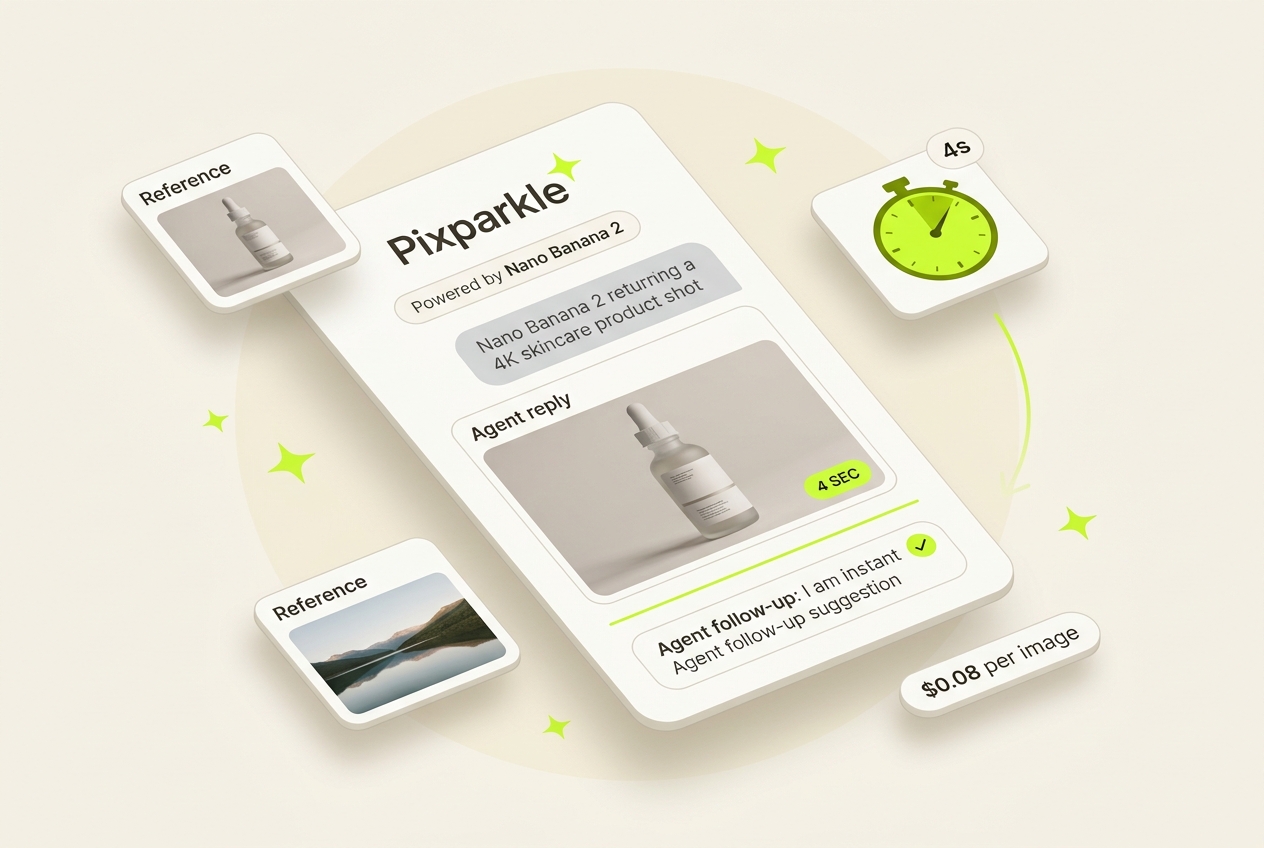 Pixparkle chat workflow: Nano Banana 2 returns a 4K product mockup in 4 seconds with Agent follow-up