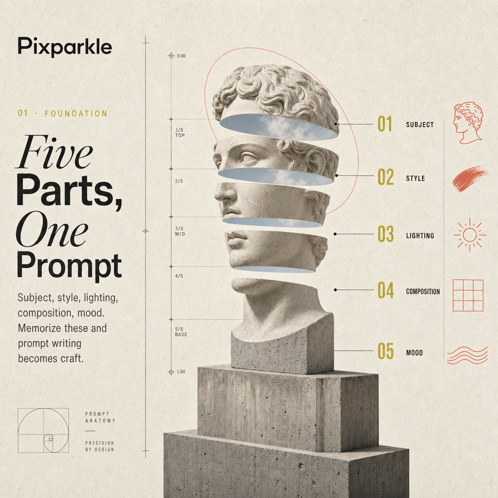 Visual breakdown of the five-part AI image prompt formula: subject, style, lighting, composition, mood