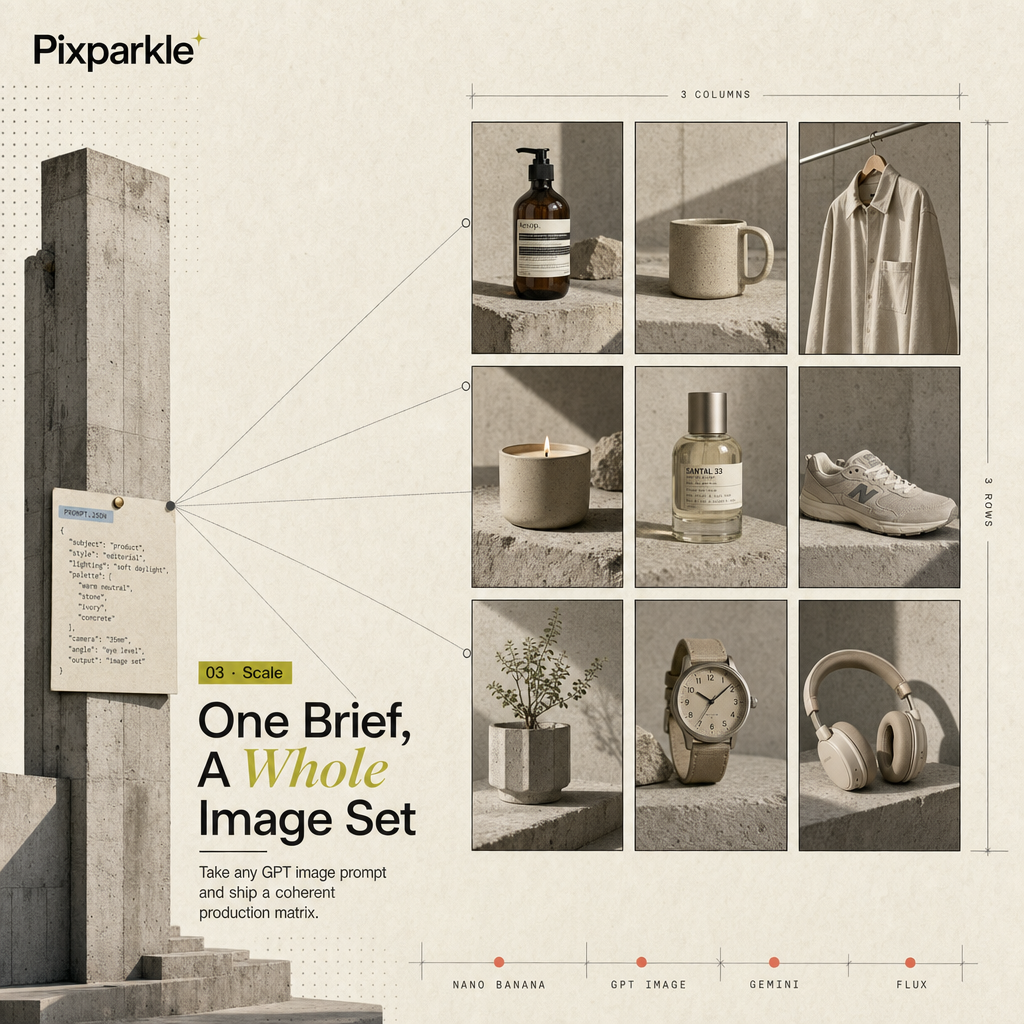 Structured GPT Image Prompts adapted into a full production image set across multiple models