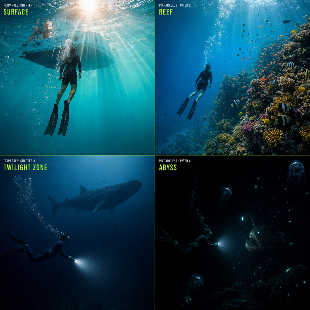 AI-generated cinematic 4-panel ocean depth story collage: free diver descending through four ocean layers (Surface, Reef, Twilight Zone, Abyss) in a 2x2 grid with thin chartreuse-green hairline dividers and PIXPARKLE chapter labels