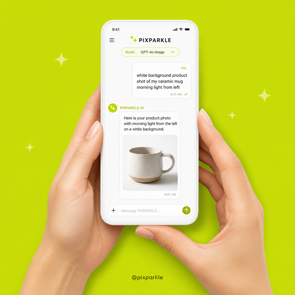 AI-generated bold-color studio mockup: hands holding white smartphone displaying PIXPARKLE chat interface with AI image generation conversation on solid chartreuse-green background with floating sparkle icons for app demo product showcase