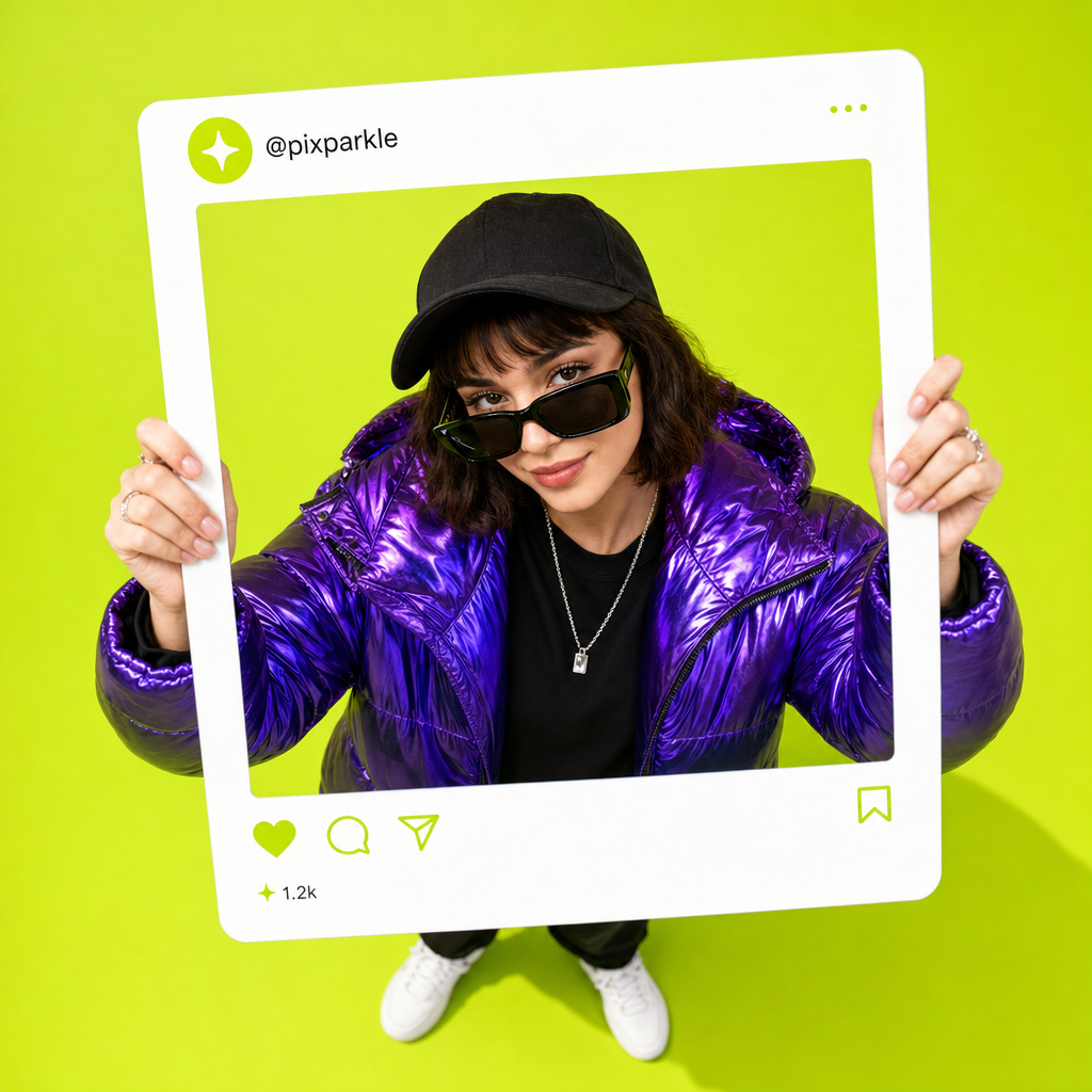 AI-generated social post mockup: model holding an Instagram-style frame with @pixparkle handle on a bold lime-green background for creator brand content