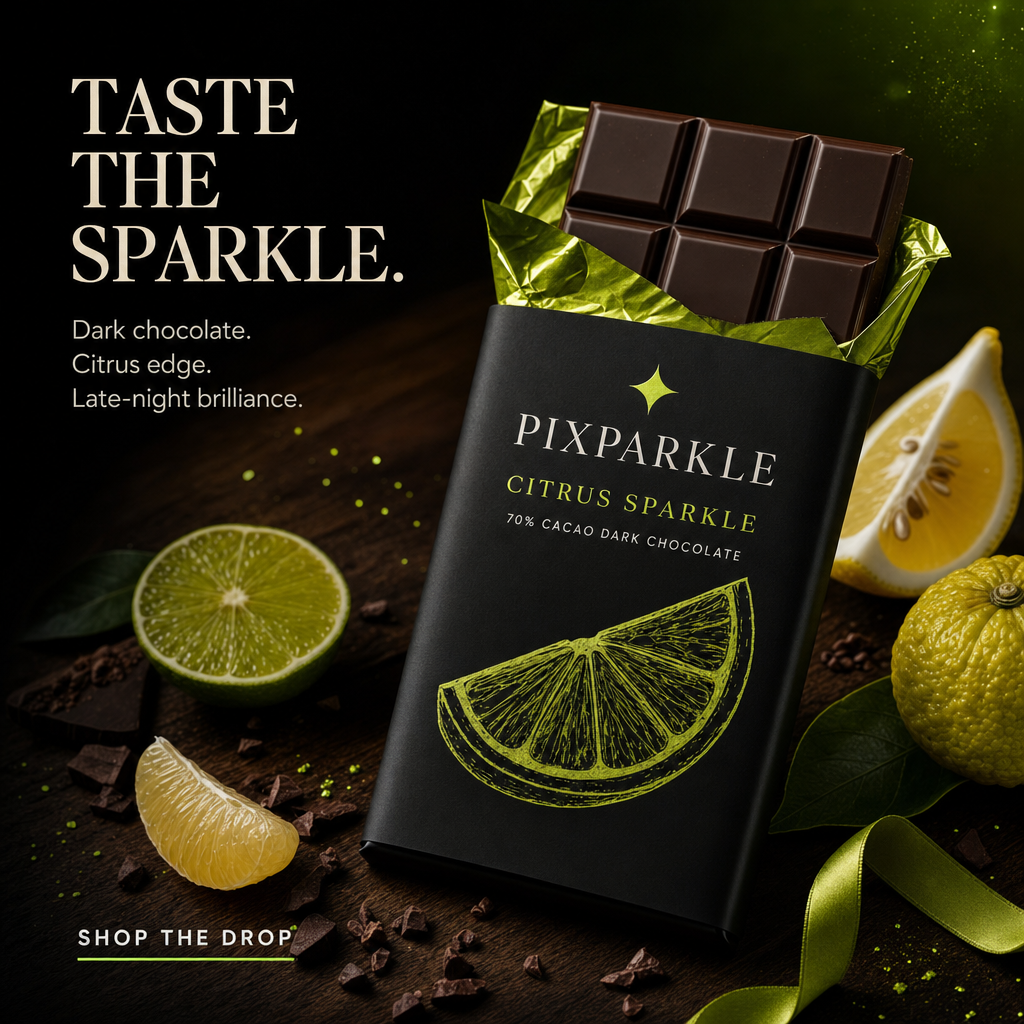 AI-generated PIXPARKLE Citrus Sparkle dark chocolate ad: matte black bar with chartreuse-green foil accents on dark moody background with lemon and lime props, TASTE THE SPARKLE headline and SHOP THE DROP CTA for luxury confectionery branding