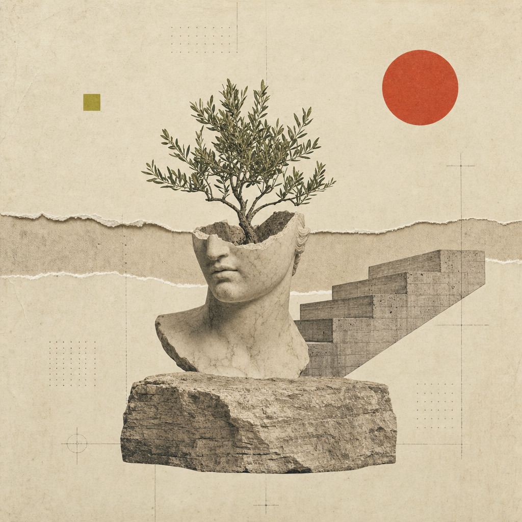 AI-generated analog surrealist paper collage: rough stone slab with olive tree growing from within a torn classical marble bust, brutalist concrete stairs, terracotta filled circle and chartreuse-gold square floating on aged cream parchment for gallery wall art