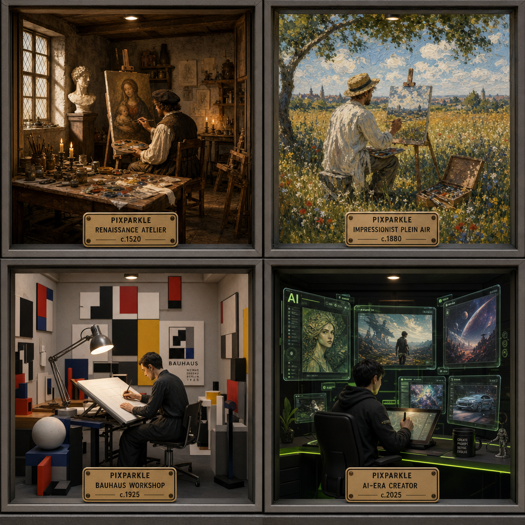 AI-generated 2x2 infographic grid: The Art Studio evolution across four eras (Renaissance Atelier, Impressionist Plein Air, Bauhaus Workshop, AI-Era Creator) rendered as miniature museum dioramas with PIXPARKLE specimen labels for educational viral social content