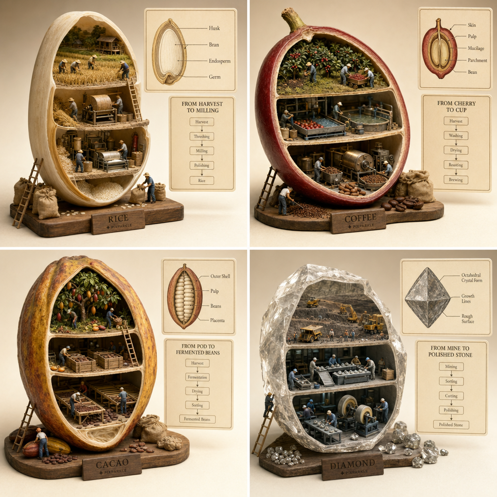 AI-generated 2x2 cross-section diorama grid: rice, coffee, cacao and diamond rendered as miniature anatomy scenes with PIXPARKLE plaques for educational viral posts