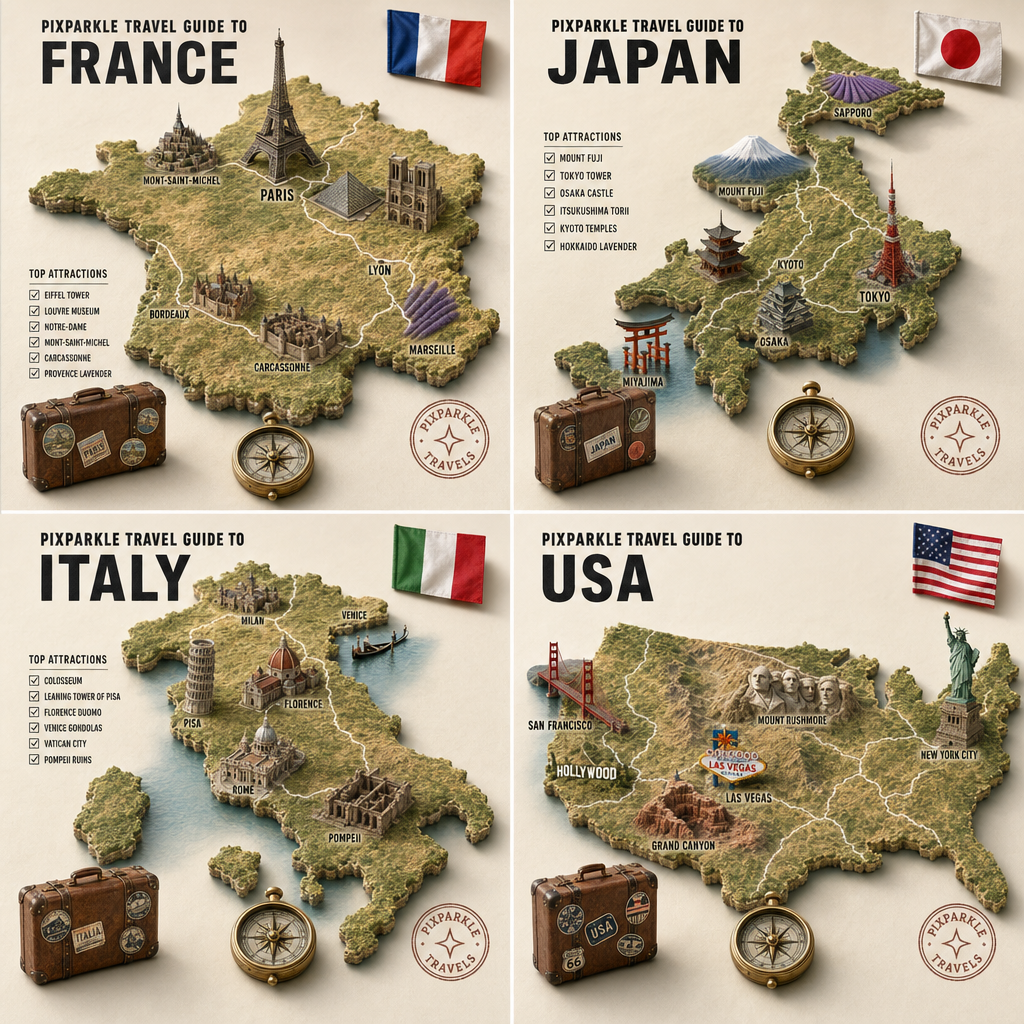 AI-generated 2x2 PIXPARKLE travel guide infographic poster: France, Japan, Italy and USA rendered as miniature 3D terrain maps with landmarks for travel social shares