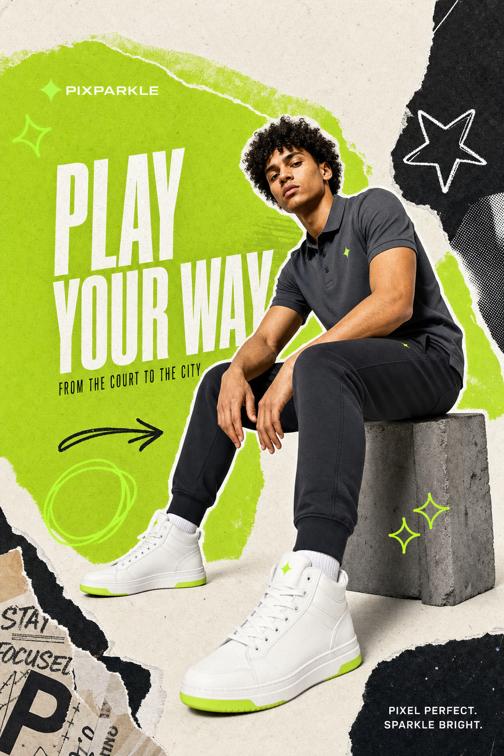 AI-generated PIXPARKLE PLAY YOUR WAY activewear collage: athletic model in charcoal polo and joggers seated on a concrete block over a chartreuse-green torn-paper color blob with hand-drawn doodle overlays for social campaign