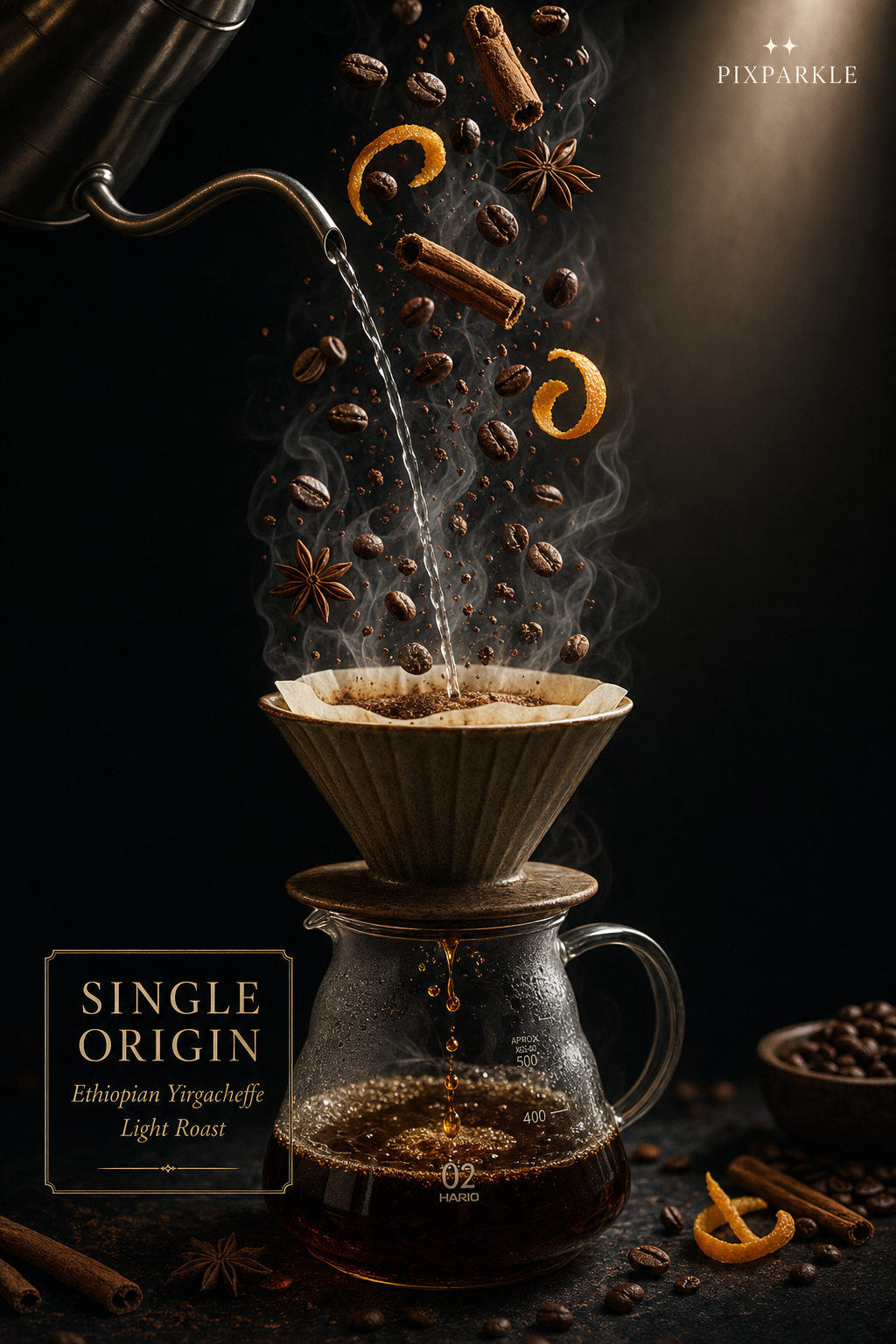 AI-generated editorial food ad: artisan pour-over coffee mid-pour with gooseneck kettle, floating coffee beans and spices in vertical column, SINGLE ORIGIN gold serif label and PIXPARKLE wordmark on moody charcoal background for premium beverage advertising
