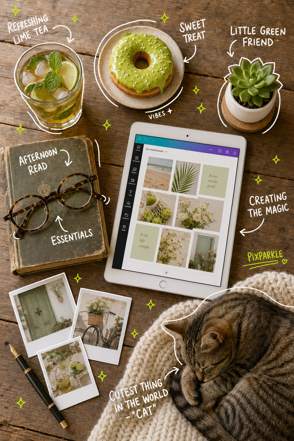 AI-generated cozy creator desk flat lay with hand-drawn marker doodle labels: lime tea, frosted donut, succulent, vintage book, glasses, tablet and a sleeping tabby cat for lifestyle social content