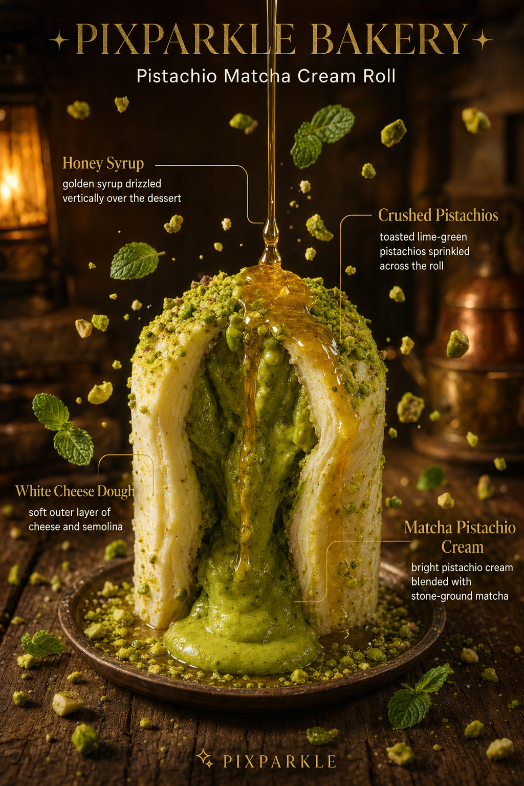 AI-generated PIXPARKLE BAKERY editorial food ad: pistachio matcha cream roll with floating ingredients, gold serif labels and a rustic warm kitchen setting for premium dessert advertising