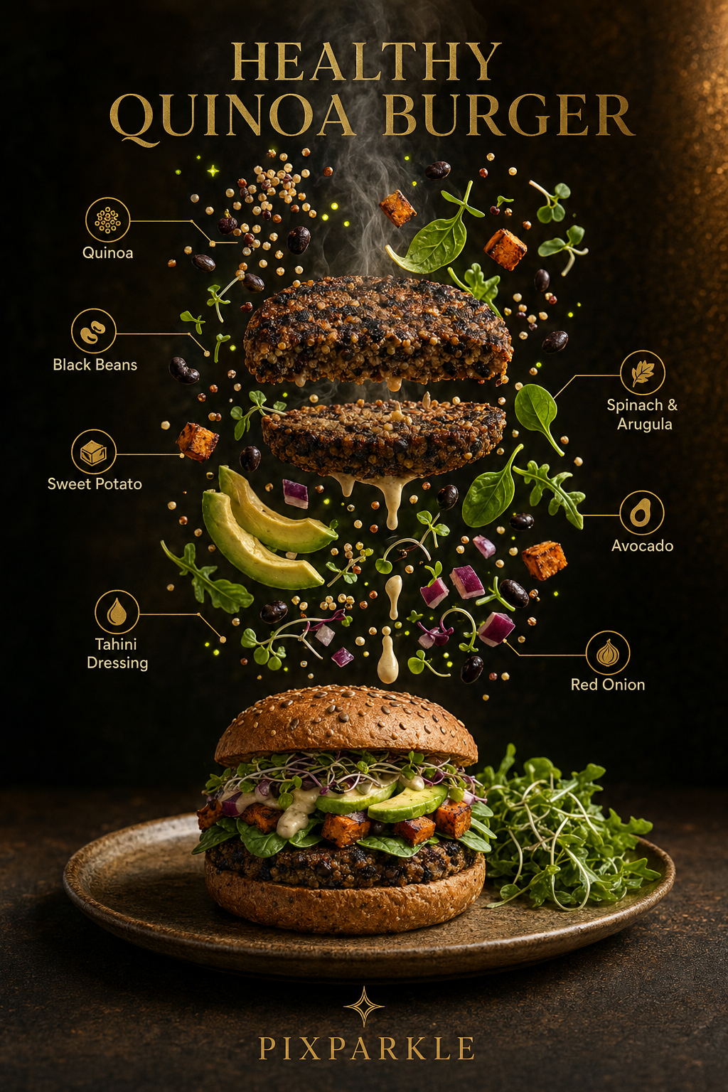 AI-generated HEALTHY QUINOA BURGER exploded view food ad: floating ingredients halo above a finished burger with cinematic moody lighting and PIXPARKLE wordmark for commercial product campaigns