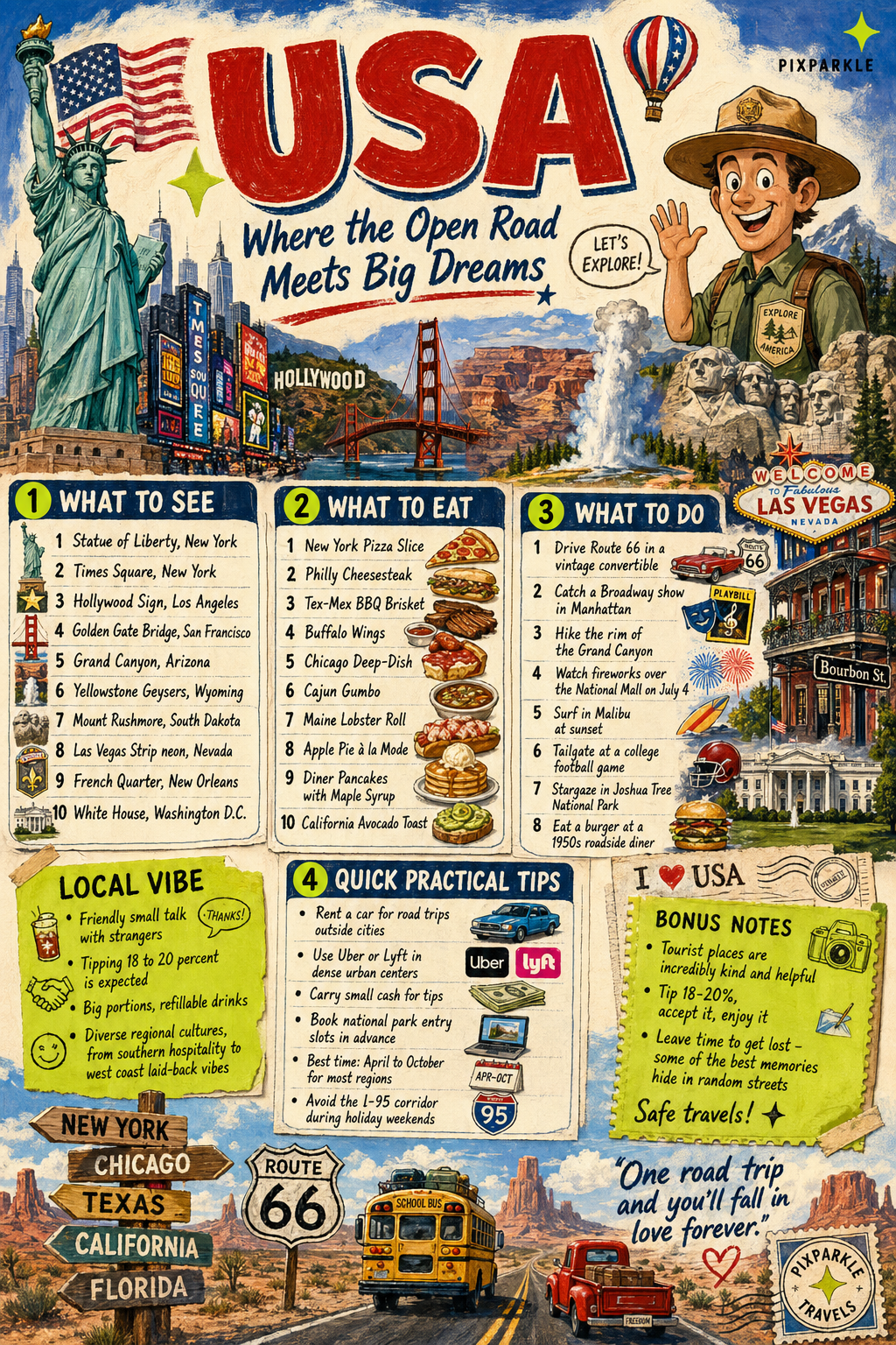 AI-generated USA travel guide infographic poster: hand-painted gouache and collage of landmarks, food, activities and quick tips with PIXPARKLE TRAVELS stamp for editorial travel ads