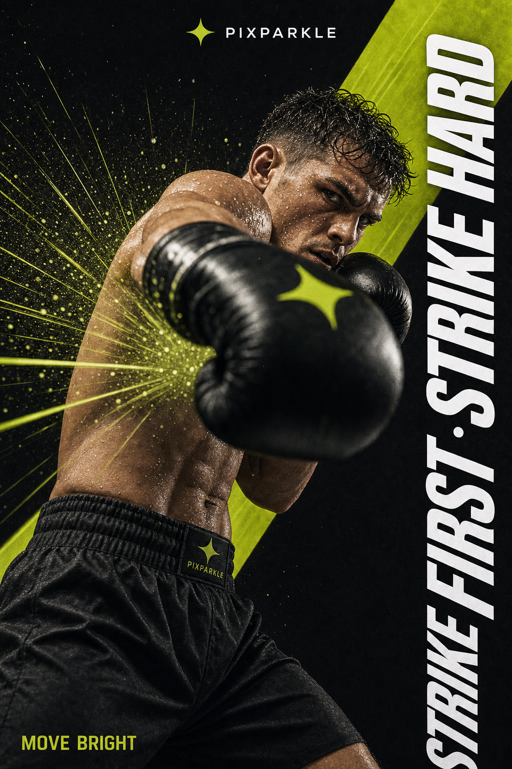 AI-generated athletic action poster: boxer mid-punch with gloved fist in extreme foreground, low-angle side profile with sweat droplets in chartreuse light, STRIKE FIRST STRIKE HARD vertical headline and PIXPARKLE wordmark for premium fight-night campaign