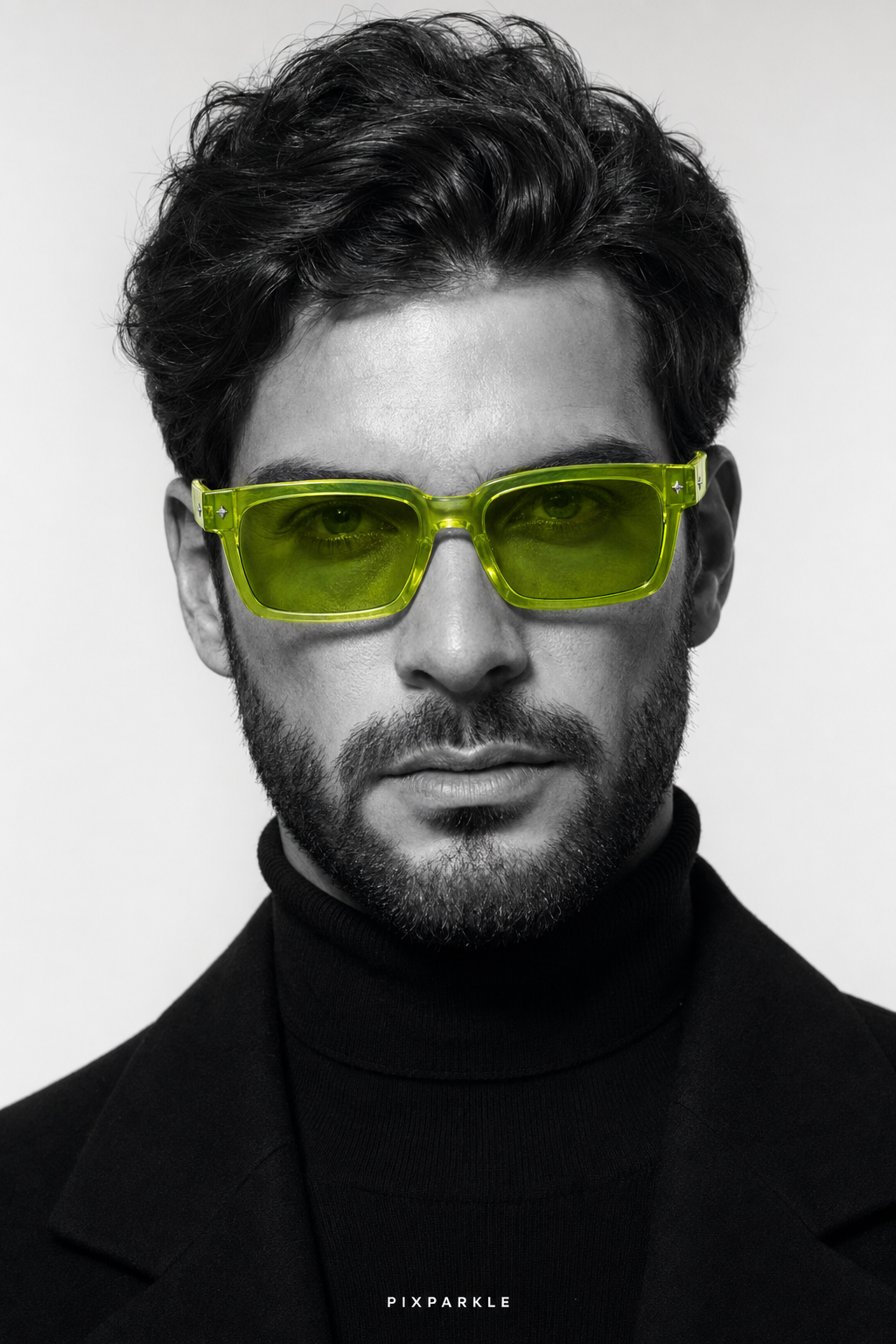 AI-generated eyewear product portrait: monochrome male model with lime-green chartreuse sunglasses and PIXPARKLE wordmark for brand creator content