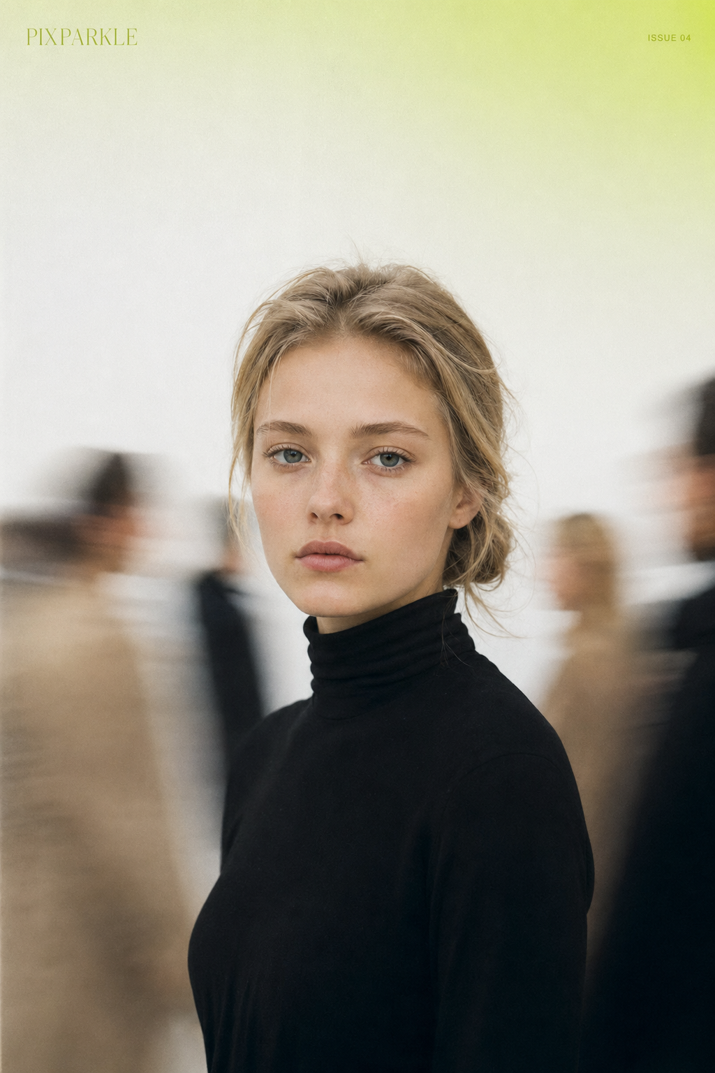 AI-generated fashion editorial cover: calm centered model with blurred passersby and lime-green PIXPARKLE masthead for magazine-grade content thumbnails