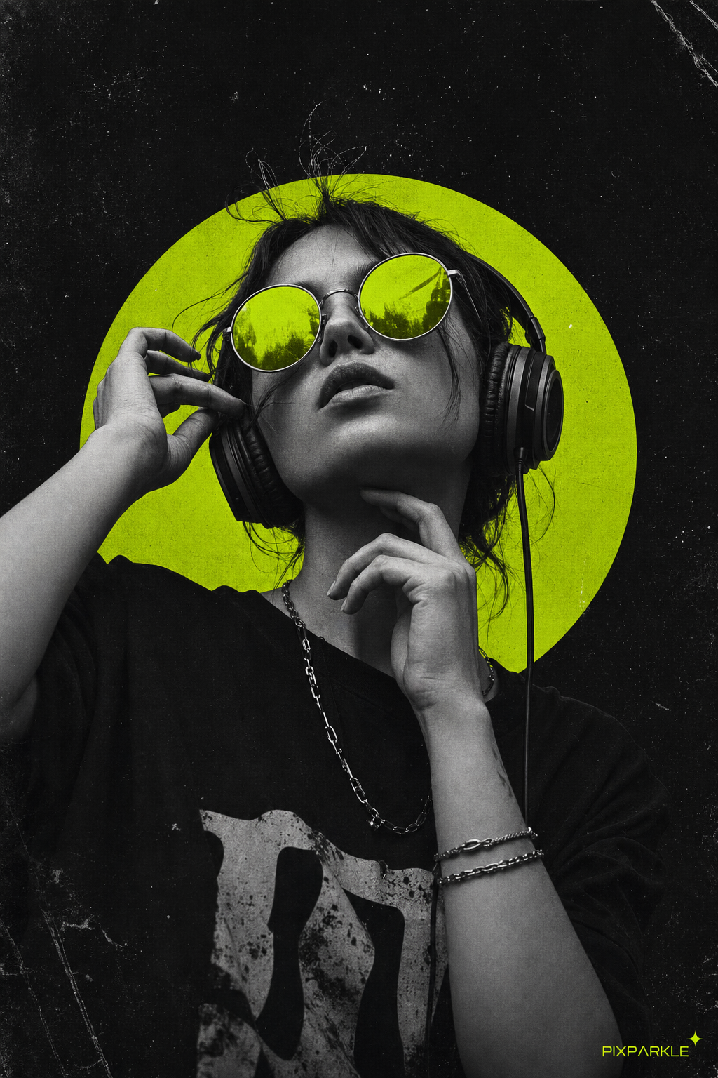 AI-generated music poster: monochrome portrait with headphones and lime-green mirrored sunglasses against a chartreuse halo, PIXPARKLE wordmark for creator merch and album art