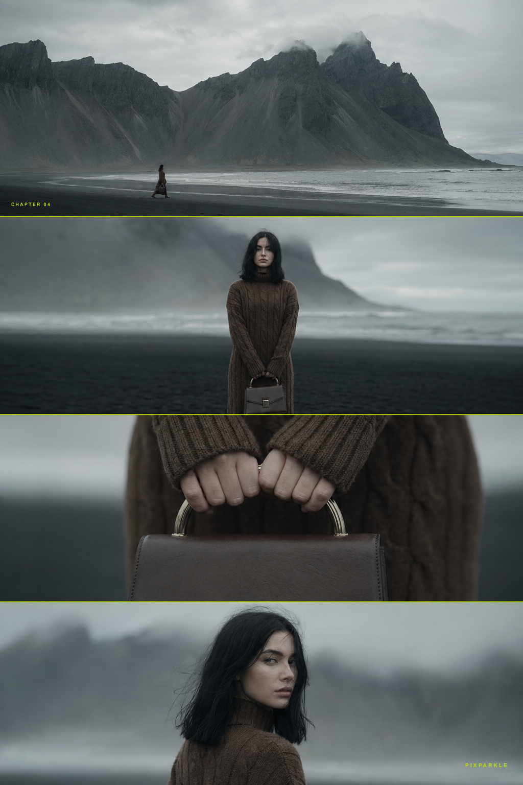 AI-generated cinematic Nordic 4-frame collage: model on a black-sand beach with mountains, lime-green hairline dividers and PIXPARKLE chapter labels for storytelling video thumbnails