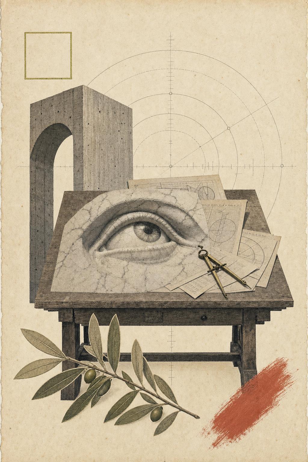 AI-generated analog surrealist paper collage: antique drafting table with classical marble eye carved into the surface, brutalist concrete archway, olive branch, terracotta dry-brush accent and subtle chartreuse-gold outlined square on aged cream parchment for art gallery wall aesthetic