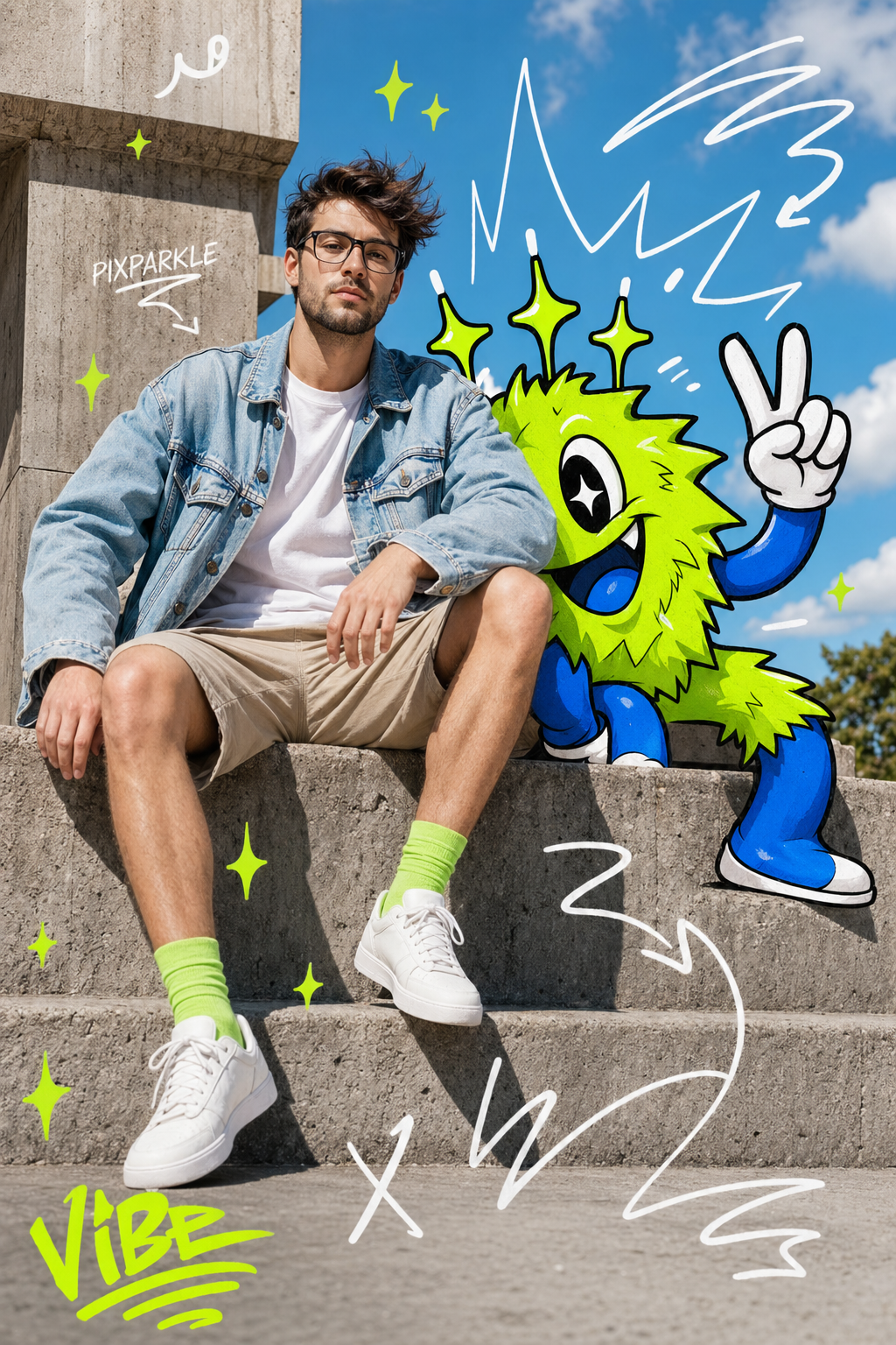 AI-generated mixed-media editorial: model on concrete steps with a graffiti-style lime-green PIXPARKLE mascot and hand-drawn doodle overlays for trendy social content