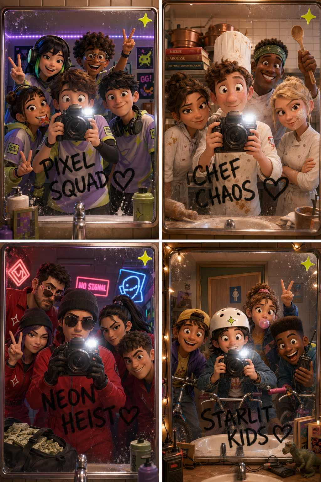 AI-generated 2x2 Pixar-style mirror-selfie grid: fictional show casts (Pixel Squad, Chef Chaos, Neon Heist, Starlit Kids) for highly shareable social content